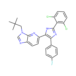 CC(C)(C)Cn1cnc2ccc(-c3[nH]c(-c4c(Cl)cccc4Cl)nc3-c3ccc(F)cc3)nc21 ZINC000029131523