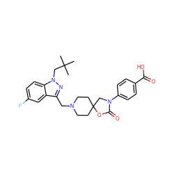 CC(C)(C)Cn1nc(CN2CCC3(CC2)CN(c2ccc(C(=O)O)cc2)C(=O)O3)c2cc(F)ccc21 ZINC000114357791