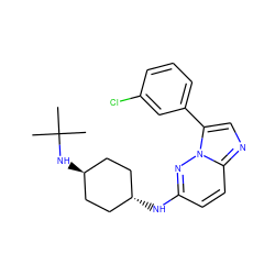 CC(C)(C)N[C@H]1CC[C@H](Nc2ccc3ncc(-c4cccc(Cl)c4)n3n2)CC1 ZINC001772644117