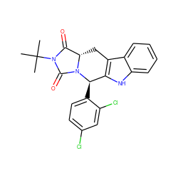 CC(C)(C)N1C(=O)[C@@H]2Cc3c([nH]c4ccccc34)[C@@H](c3ccc(Cl)cc3Cl)N2C1=O ZINC000066113035