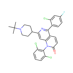 CC(C)(C)N1CCC(c2cc3c(ccc(=O)n3-c3c(Cl)cccc3Cl)c(-c3ccc(F)cc3Cl)n2)CC1 ZINC000003980256