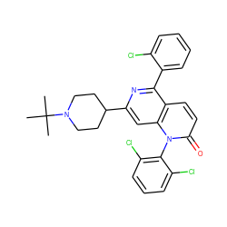 CC(C)(C)N1CCC(c2cc3c(ccc(=O)n3-c3c(Cl)cccc3Cl)c(-c3ccccc3Cl)n2)CC1 ZINC000003980255