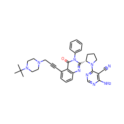 CC(C)(C)N1CCN(CC#Cc2cccc3nc([C@@H]4CCCN4c4ncnc(N)c4C#N)n(-c4ccccc4)c(=O)c23)CC1 ZINC001772610153