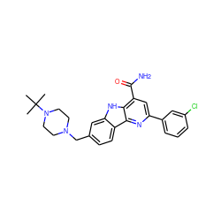 CC(C)(C)N1CCN(Cc2ccc3c(c2)[nH]c2c(C(N)=O)cc(-c4cccc(Cl)c4)nc23)CC1 ZINC000113201406