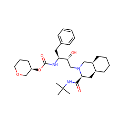 CC(C)(C)NC(=O)[C@@H]1C[C@@H]2CCCC[C@@H]2CN1C[C@@H](O)[C@H](Cc1ccccc1)NC(=O)O[C@@H]1CCCOC1 ZINC000014942905