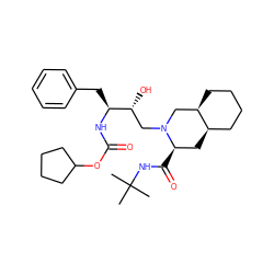 CC(C)(C)NC(=O)[C@@H]1C[C@@H]2CCCC[C@@H]2CN1C[C@@H](O)[C@H](Cc1ccccc1)NC(=O)OC1CCCC1 ZINC000653890273