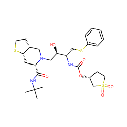 CC(C)(C)NC(=O)[C@@H]1C[C@@H]2SCC[C@@H]2CN1C[C@@H](O)[C@H](CSc1ccccc1)NC(=O)O[C@@H]1CCS(=O)(=O)C1 ZINC000014942845