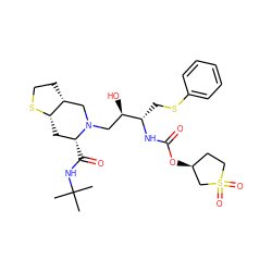 CC(C)(C)NC(=O)[C@@H]1C[C@@H]2SCC[C@@H]2CN1C[C@@H](O)[C@H](CSc1ccccc1)NC(=O)O[C@H]1CCS(=O)(=O)C1 ZINC000014942843