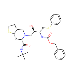 CC(C)(C)NC(=O)[C@@H]1C[C@@H]2SCC[C@@H]2CN1C[C@@H](O)[C@H](CSc1ccccc1)NC(=O)OCc1ccccc1 ZINC000003938825