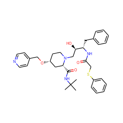 CC(C)(C)NC(=O)[C@@H]1C[C@H](OCc2ccncc2)CCN1C[C@@H](O)[C@H](Cc1ccccc1)NC(=O)CSc1ccccc1 ZINC000014943138