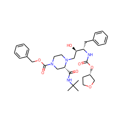 CC(C)(C)NC(=O)[C@@H]1CN(C(=O)OCc2ccccc2)CCN1C[C@@H](O)[C@H](Cc1ccccc1)NC(=O)O[C@H]1CCOC1 ZINC000026388325