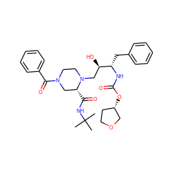 CC(C)(C)NC(=O)[C@@H]1CN(C(=O)c2ccccc2)CCN1C[C@@H](O)[C@H](Cc1ccccc1)NC(=O)O[C@H]1CCOC1 ZINC000026379962