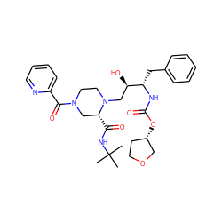 CC(C)(C)NC(=O)[C@@H]1CN(C(=O)c2ccccn2)CCN1C[C@@H](O)[C@H](Cc1ccccc1)NC(=O)O[C@H]1CCOC1 ZINC000026384575