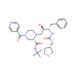 CC(C)(C)NC(=O)[C@@H]1CN(C(=O)c2ccncc2)CCN1C[C@@H](O)[C@H](Cc1ccccc1)NC(=O)O[C@H]1CCOC1 ZINC000026379762