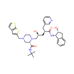 CC(C)(C)NC(=O)[C@@H]1CN(Cc2cc3ccsc3s2)CCN1C[C@@H](O)C[C@@H](Cc1cccnc1)C(=O)N[C@H]1c2ccccc2C[C@H]1O ZINC000026666681