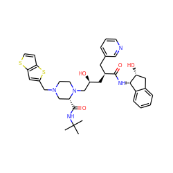 CC(C)(C)NC(=O)[C@@H]1CN(Cc2cc3sccc3s2)CCN1C[C@@H](O)C[C@@H](Cc1cccnc1)C(=O)N[C@H]1c2ccccc2C[C@H]1O ZINC000026667457