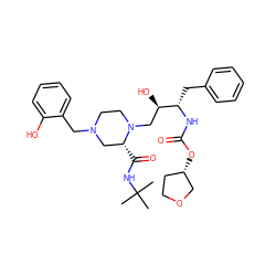 CC(C)(C)NC(=O)[C@@H]1CN(Cc2ccccc2O)CCN1C[C@@H](O)[C@H](Cc1ccccc1)NC(=O)O[C@H]1CCOC1 ZINC000026389923