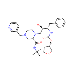 CC(C)(C)NC(=O)[C@@H]1CN(Cc2cccnc2)CCN1C[C@@H](O)[C@H](Cc1ccccc1)NC(=O)O[C@H]1CCOC1 ZINC000026389120