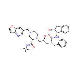 CC(C)(C)NC(=O)[C@@H]1CN(Cc2cnc3ccoc3c2)CCN1C[C@@H](O)C[C@@H](Cc1ccccc1)C(=O)N[C@H]1c2ccccc2C[C@H]1O ZINC000027081569