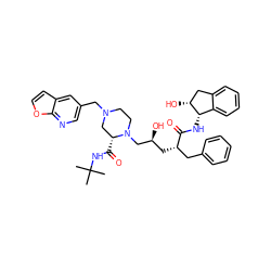 CC(C)(C)NC(=O)[C@@H]1CN(Cc2cnc3occc3c2)CCN1C[C@@H](O)C[C@@H](Cc1ccccc1)C(=O)N[C@H]1c2ccccc2C[C@H]1O ZINC000027081586