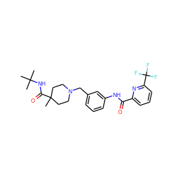 CC(C)(C)NC(=O)C1(C)CCN(Cc2cccc(NC(=O)c3cccc(C(F)(F)F)n3)c2)CC1 ZINC001772623065