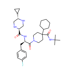 CC(C)(C)NC(=O)C1(C2CCCCC2)CCN(C(=O)[C@@H](Cc2ccc(F)cc2)NC(=O)[C@@H]2CN[C@@H](C3CC3)CN2)CC1 ZINC000028477942