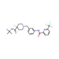 CC(C)(C)NC(=O)C1(F)CCN(Cc2cccc(NC(=O)c3cccc(C(F)(F)F)n3)c2)CC1 ZINC001772604956