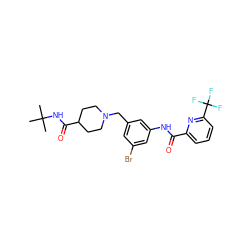 CC(C)(C)NC(=O)C1CCN(Cc2cc(Br)cc(NC(=O)c3cccc(C(F)(F)F)n3)c2)CC1 ZINC001772597680