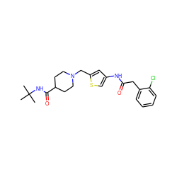 CC(C)(C)NC(=O)C1CCN(Cc2cc(NC(=O)Cc3ccccc3Cl)cs2)CC1 ZINC001772587153