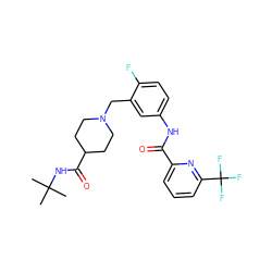 CC(C)(C)NC(=O)C1CCN(Cc2cc(NC(=O)c3cccc(C(F)(F)F)n3)ccc2F)CC1 ZINC000210622210