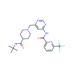 CC(C)(C)NC(=O)C1CCN(Cc2cc(NC(=O)c3cccc(C(F)(F)F)n3)ncn2)CC1 ZINC001772633532