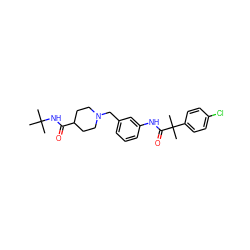 CC(C)(C)NC(=O)C1CCN(Cc2cccc(NC(=O)C(C)(C)c3ccc(Cl)cc3)c2)CC1 ZINC000210613989