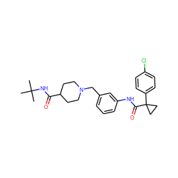 CC(C)(C)NC(=O)C1CCN(Cc2cccc(NC(=O)C3(c4ccc(Cl)cc4)CC3)c2)CC1 ZINC001772580210