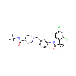 CC(C)(C)NC(=O)C1CCN(Cc2cccc(NC(=O)C3(c4ccc(Cl)cc4Cl)CC3)c2)CC1 ZINC000210630488