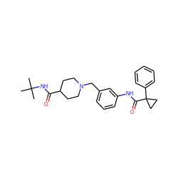 CC(C)(C)NC(=O)C1CCN(Cc2cccc(NC(=O)C3(c4ccccc4)CC3)c2)CC1 ZINC001772605358