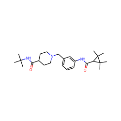 CC(C)(C)NC(=O)C1CCN(Cc2cccc(NC(=O)C3C(C)(C)C3(C)C)c2)CC1 ZINC001772637623