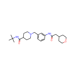 CC(C)(C)NC(=O)C1CCN(Cc2cccc(NC(=O)CC3CCOCC3)c2)CC1 ZINC001772646422