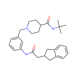 CC(C)(C)NC(=O)C1CCN(Cc2cccc(NC(=O)CC3Cc4ccccc4C3)c2)CC1 ZINC000210638566