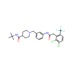 CC(C)(C)NC(=O)C1CCN(Cc2cccc(NC(=O)Cc3c(C(F)(F)F)ccc(Cl)c3Cl)c2)CC1 ZINC001772635241