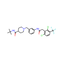 CC(C)(C)NC(=O)C1CCN(Cc2cccc(NC(=O)Cc3c(Cl)ccc(C(F)(F)F)c3Cl)c2)CC1 ZINC000210645117