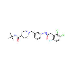 CC(C)(C)NC(=O)C1CCN(Cc2cccc(NC(=O)Cc3c(F)ccc(Cl)c3Cl)c2)CC1 ZINC001772625773