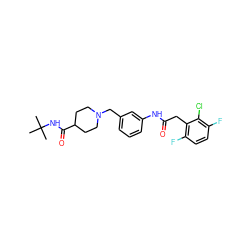 CC(C)(C)NC(=O)C1CCN(Cc2cccc(NC(=O)Cc3c(F)ccc(F)c3Cl)c2)CC1 ZINC001772642345