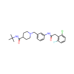 CC(C)(C)NC(=O)C1CCN(Cc2cccc(NC(=O)Cc3c(F)cccc3Cl)c2)CC1 ZINC001772576407