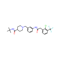 CC(C)(C)NC(=O)C1CCN(Cc2cccc(NC(=O)Cc3cccc(C(F)(F)F)c3Cl)c2)CC1 ZINC001772582903