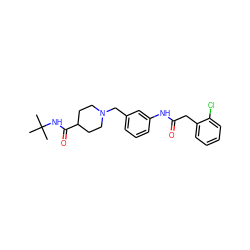 CC(C)(C)NC(=O)C1CCN(Cc2cccc(NC(=O)Cc3ccccc3Cl)c2)CC1 ZINC000210613897