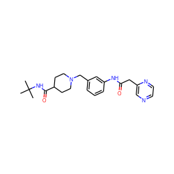 CC(C)(C)NC(=O)C1CCN(Cc2cccc(NC(=O)Cc3cnccn3)c2)CC1 ZINC001772609990