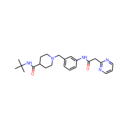 CC(C)(C)NC(=O)C1CCN(Cc2cccc(NC(=O)Cc3ncccn3)c2)CC1 ZINC001772578348