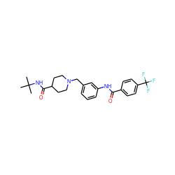 CC(C)(C)NC(=O)C1CCN(Cc2cccc(NC(=O)c3ccc(C(F)(F)F)cc3)c2)CC1 ZINC001772575906