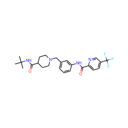 CC(C)(C)NC(=O)C1CCN(Cc2cccc(NC(=O)c3ccc(C(F)(F)F)cn3)c2)CC1 ZINC000210587185