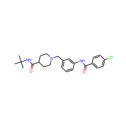 CC(C)(C)NC(=O)C1CCN(Cc2cccc(NC(=O)c3ccc(Cl)cc3)c2)CC1 ZINC000210597051